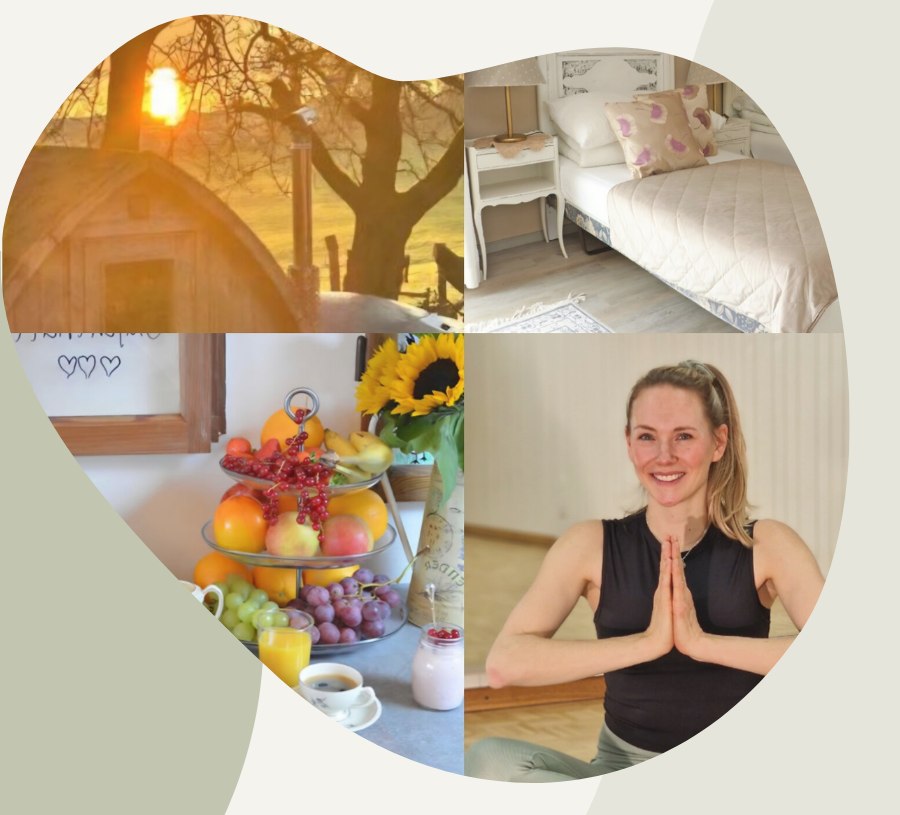 Collage aus dem Retreat: Wald am Abend, Schlafzimmer, Frühstücksbuffet und Sara